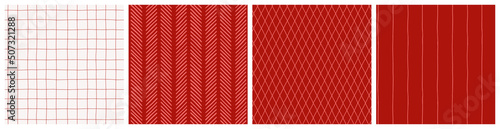 Soft red, crimson neutral seamless pattern, background set. Classical graphic design with herringbone, stripe and diamond hand drawn simple motifs. 