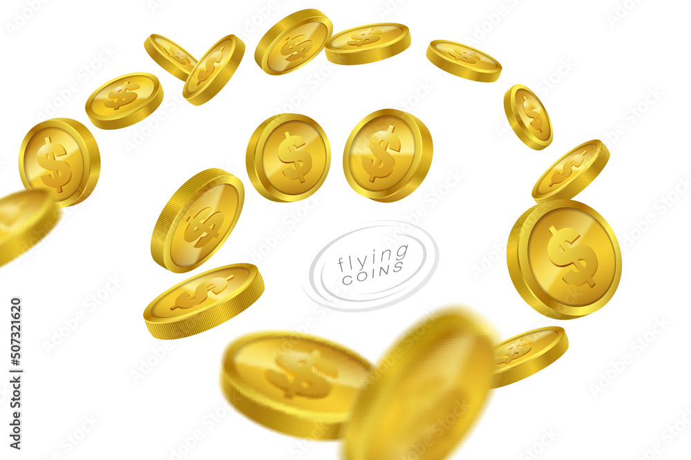 Flying gold coins swirl in the air isolated on a white background. Flying gold coins swirl in the air isolated on a white background.