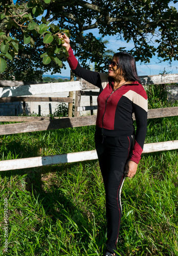 Mulher tocando um pequi, em baixo de lindo pequizeiro. Fruta nativa do cerrado brasileiro, muito utilizado na culinária sertaneja. Esse fotografado na região de Igarapé, Minas Gerais, Brasil. photo