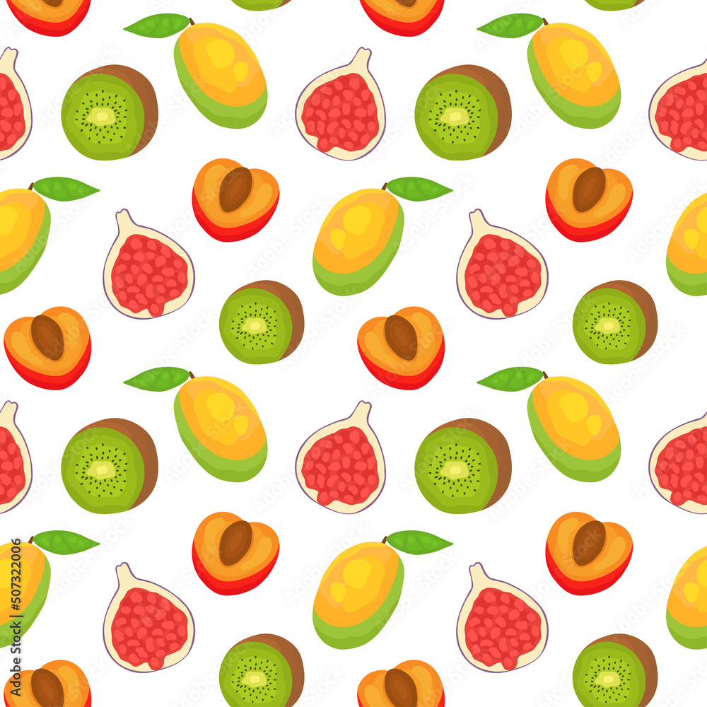 Pattern with realistic tropical and exotic fruits on white background. Perfect for card, invitation, poster, textile. Pattern with realistic tropical and exotic fruits on white background. Perfect for card, invitation, poster, textile.