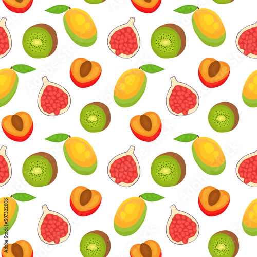 Fototapeta Naklejka Na Ścianę i Meble -  Pattern with realistic tropical and exotic fruits on white background. Perfect for card, invitation, poster, textile.