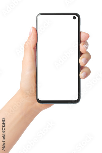 Hand holding modern Smart Phone, isolated on white background