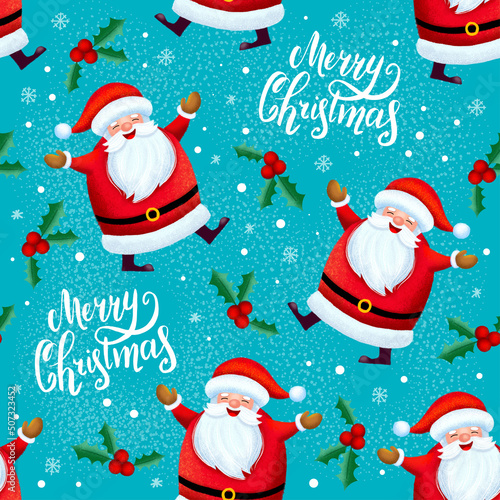 seamless christmas pattern template with cartoon style santa claus and greeting lettering. for wrapping paper  textiles  themed decor