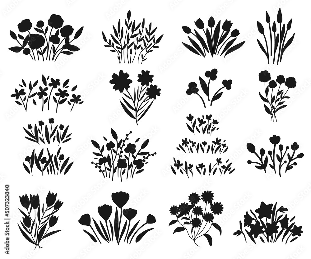 Different flower arrangements garden Silhouettes premium vector template - obrazy, fototapety, plakaty 