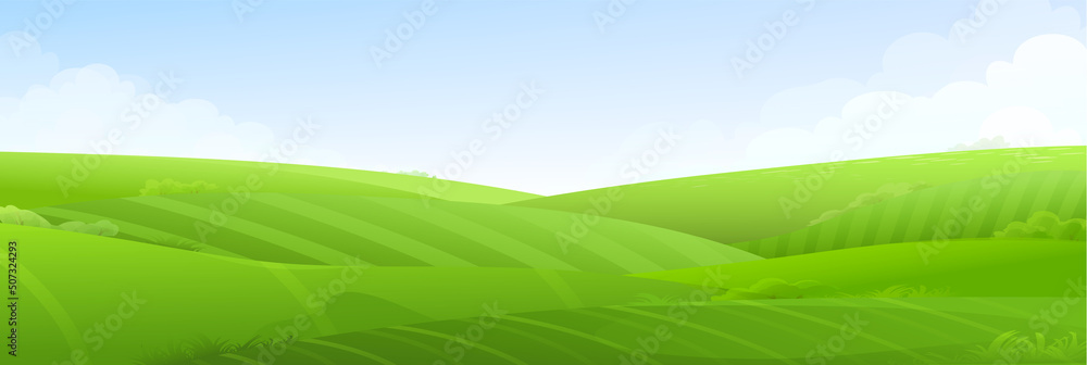 Vector cartoon landscape, seasons hills, grass field, farm background. Cute and bright countryside, green grassland, outdoor design.	
