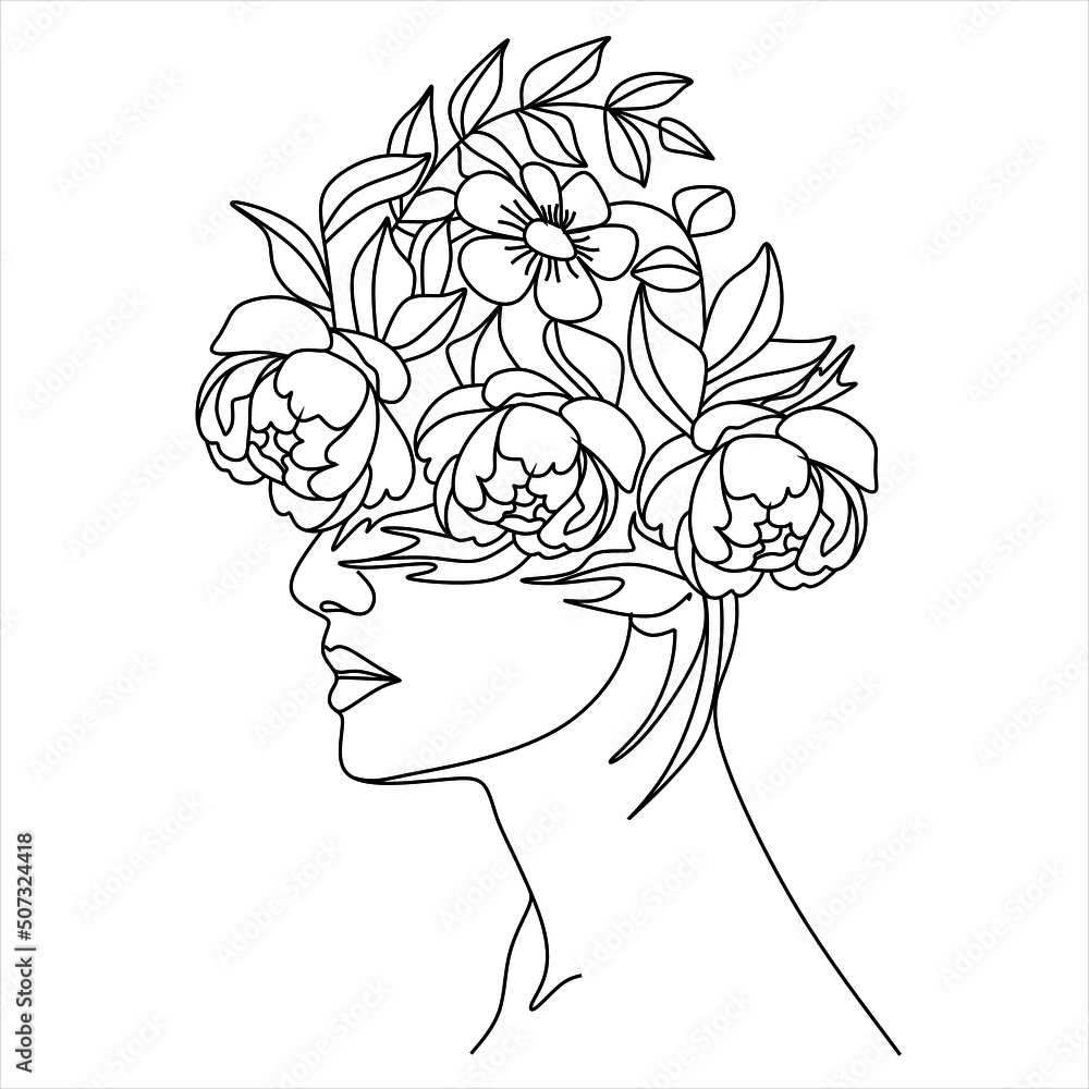 Abstract face with flowers by one line vector drawing. Portrait minimalistic style. Botanical print. Nature symbol of cosmetics. Modern continuous line art. Fashion print. Beaty salon logo. Abstract face with flowers by one line vector drawing. Portrait minimalistic style. Botanical print. Nature symbol of cosmetics. Modern continuous line art. Fashion print. Beaty salon logo.