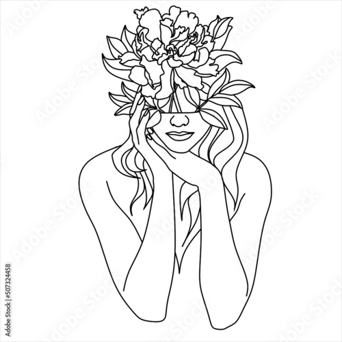 Abstract face with flowers by one line vector drawing. Portrait minimalistic style. Botanical print. Nature symbol of cosmetics. Modern continuous line art. Fashion print. Beaty salon logo.