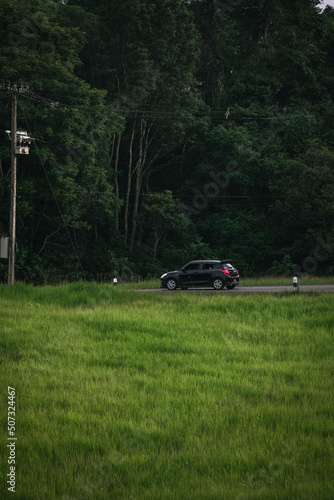 people driving on the road In the beautiful natural forest on both sides of the road On Khao Yai National Park in Thailand 16-05-2022