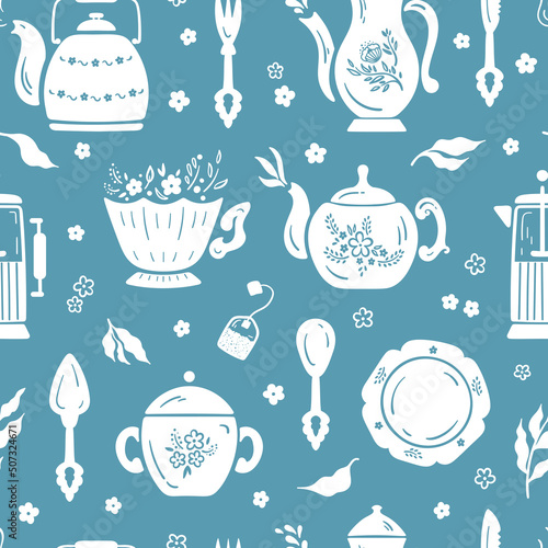 Tea Time. Kitchen Utensils. Seamless Pattern of Different Teapots. Breakfast Theme Vector Blue White Background.