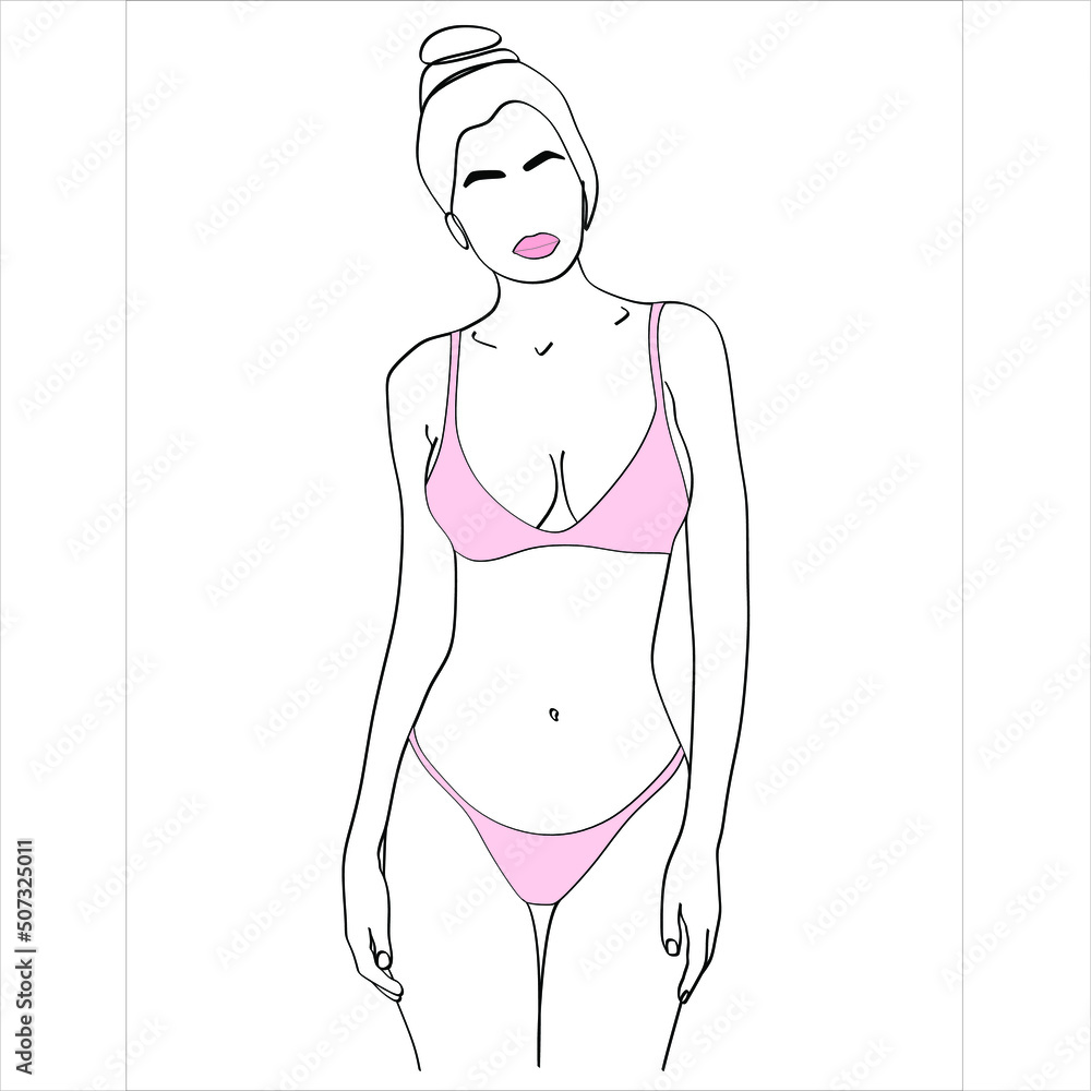 Woman stands dressed in panties and bra, underwear one line art on white isolated background. Vector illustration
Woman stands dressed in panties and bra, underwear one line art on white isolated background. Vector illustration