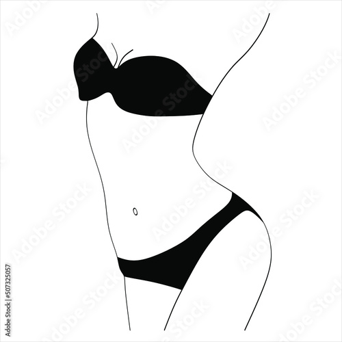 Woman stands dressed in panties and bra, underwear one line art on white isolated background. Vector illustration
