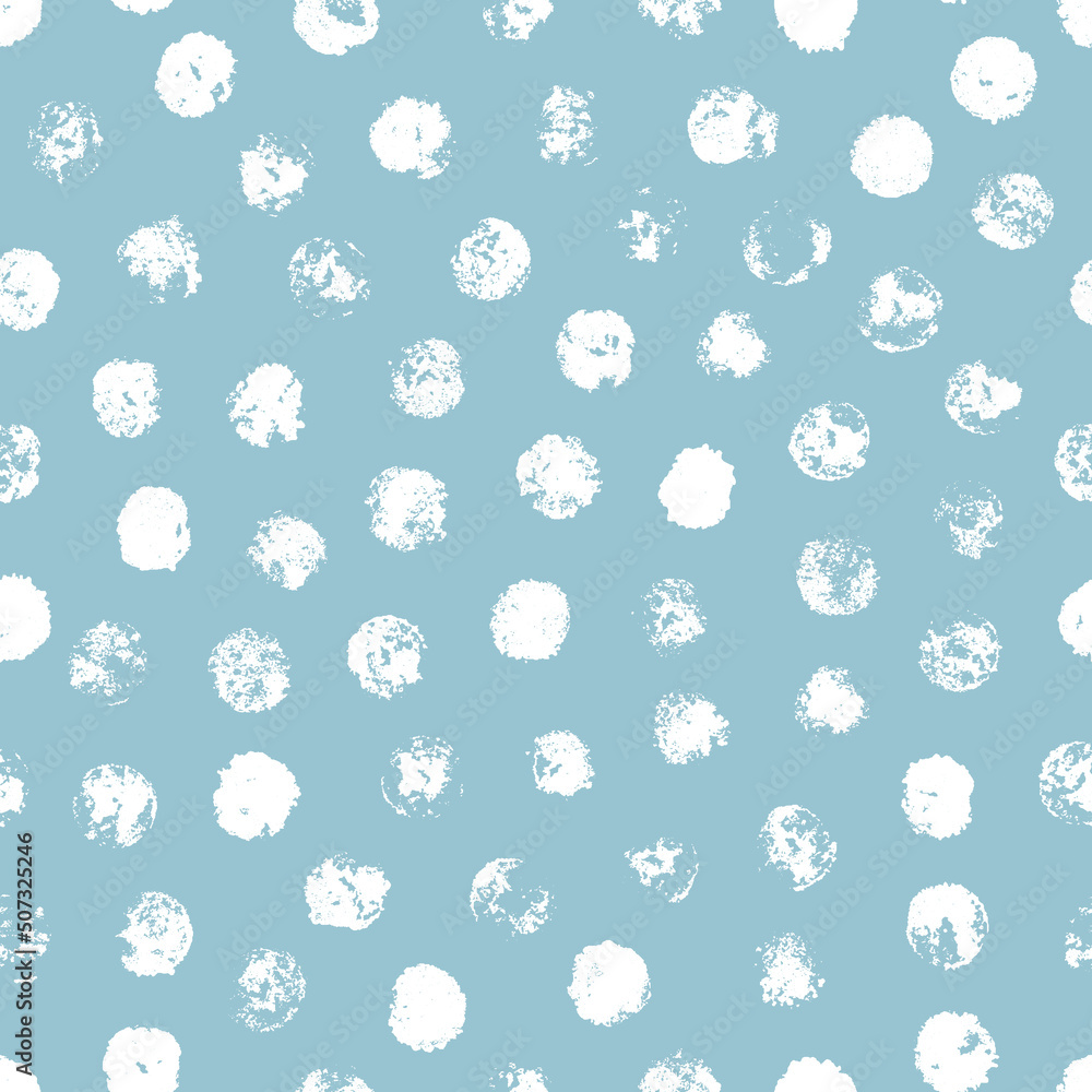 Polka Dots Seamless Pattern. Grunge Paint Circle Shapes. Abstract Blue Background. White Round spots with rough edges. Stamp Ink blots. Hand painted stains. Vector illustration. Polka Dots Seamless Pattern. Grunge Paint Circle Shapes. Abstract Blue Background. White Round spots with rough edges. Stamp Ink blots. Hand painted stains. Vector illustration.