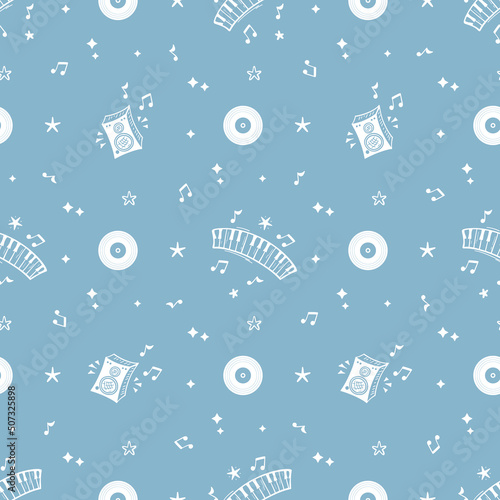 Music Seamless Vector Blue White Pattern. Doodle Speakers, Piano Keys Keyboard, Vinyl Records, Musical Notes and Stars.