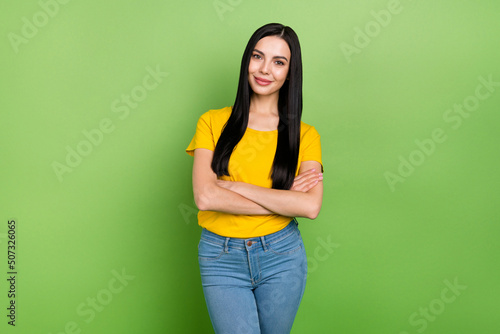 Canvas Print Photo of pretty adorable woman wear yellow t-shirt smiling arms crossed isolated