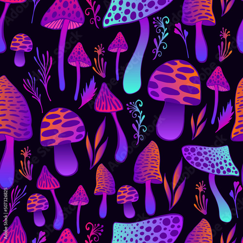 Mushrooms hallucinogenic trippy psychedelic seamless pattern. Neon orange violet blue gradient colorful mushrooms.