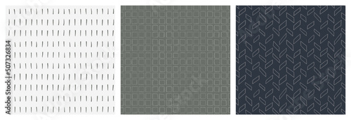 Simple masculine seamless pattern set in olive green, dark grey and white neutral colors. Abstract modern graphic design with hand drawn herringbone, square and pain mark motifs for textile print or p