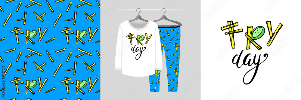 Naklejka premium Seamless pattern and illustration set with tasty fry and text Fry day. Baby design pajamas, background for apparel, room decor, tee prints, baby shower, fabric design, wrapping