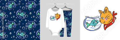 Fototapeta Naklejka Na Ścianę i Meble -  Seamless pattern and illustration set with the cat looks at the fish in the aquarium. Baby design pajamas, background for apparel, room decor, tee prints, baby shower, fabric design, wrapping