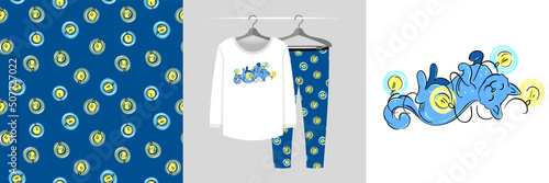 Seamless pattern and illustration set with christmas cute kitty in the New Year's garland. Baby design pajamas, background for apparel, room decor, tee prints, baby shower, fabric design, wrapping