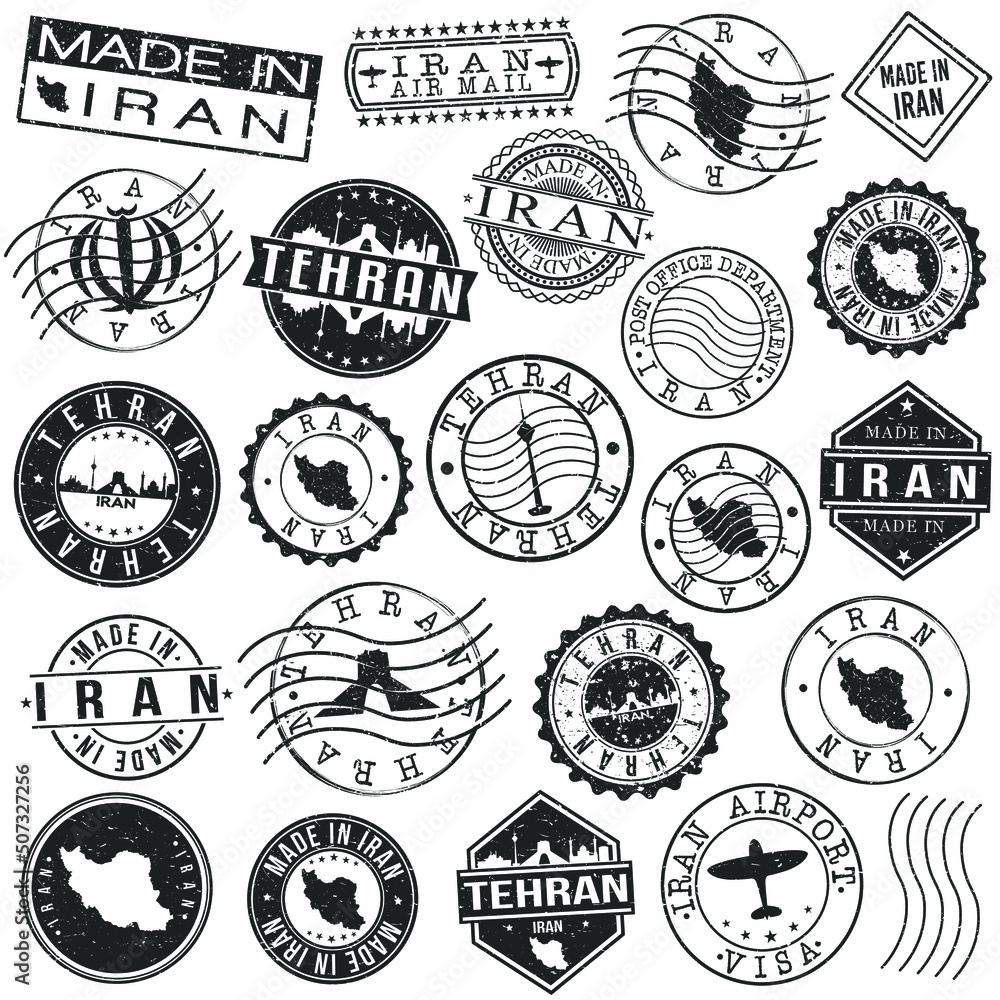 Obraz premium Tehran Iran Set of Stamps. Travel Stamp. Made In Product. Design Seals Old Style Insignia.