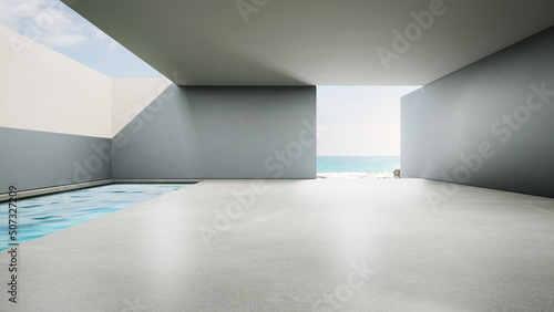 Luxury interior design 3D rendering of modern beach house or showroom. Concrete floor room and sea view swimming pool with empty wall background.