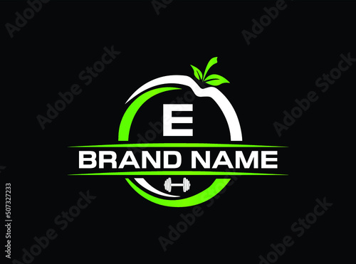 Sports nutrition logo template with letter E. green apple with dumbbell vector design. Fitness nutrition logo