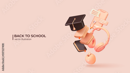Back to school. Realistic 3d design of school supplies in cartoon minimal style. Academic cap, books, headphones and smartphone. Vector illustration