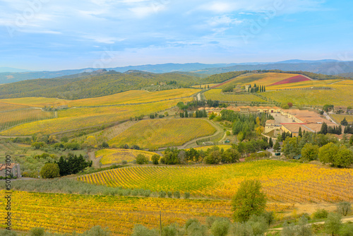 Tuscany vineyard, a wine-growing village Radda in Chianti in Italy. Panoramic view of terraced vineyards, Chianti wine vineyards by the brolio Castle in Siena province. © bennymarty