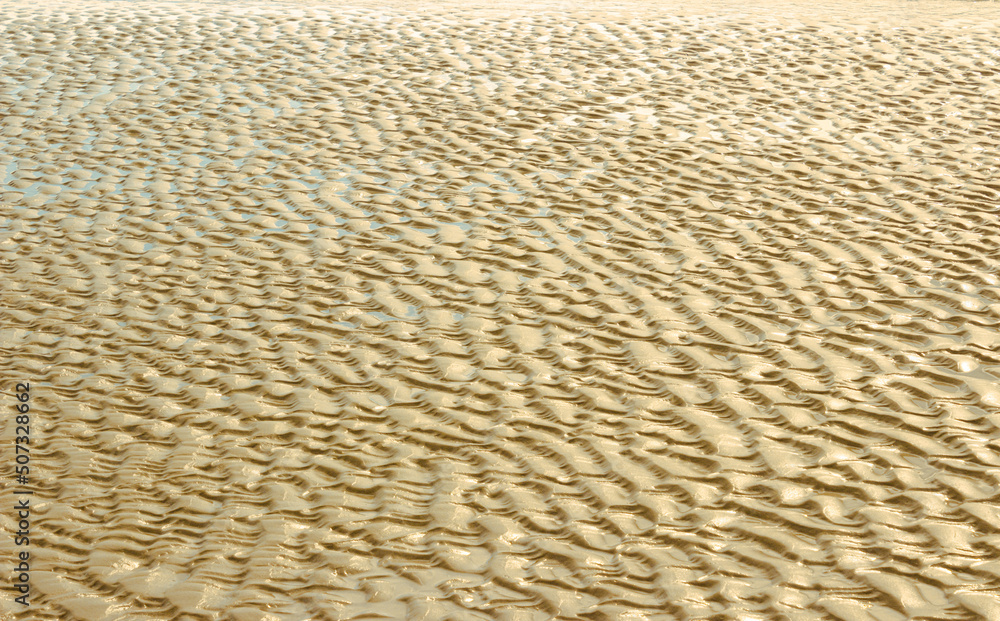 Abstract background. Wet beach surface. Golden sand with the waves left by the sea.