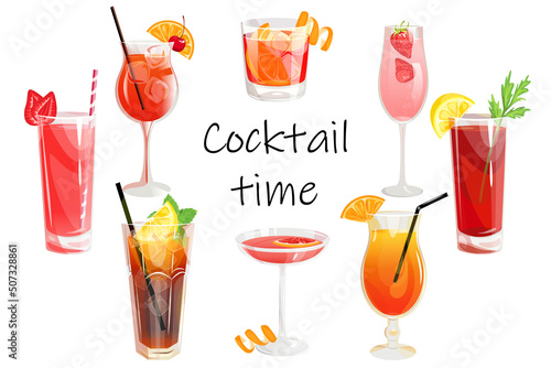 Time for cocktails.Background with various summer, refreshing drinks.Vector illustration.