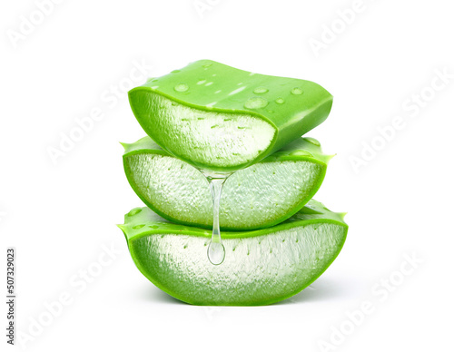 Stack of Aloe vera sliced with gel dripping isolated on white background. photo