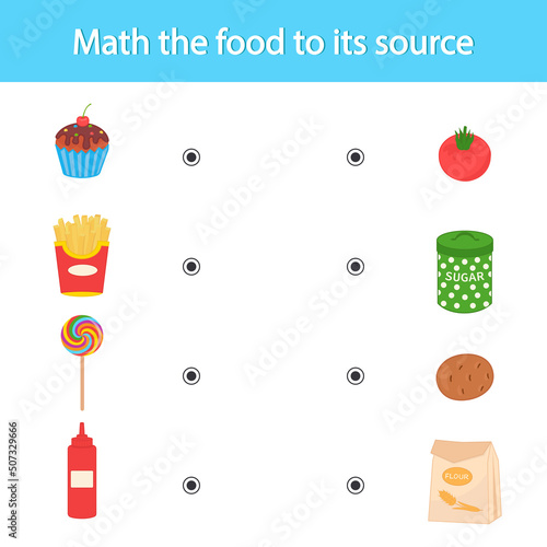 Matching children educational logical game. Math the food to its source. Activity for preschool years kids and toddlers. Vector illustration.