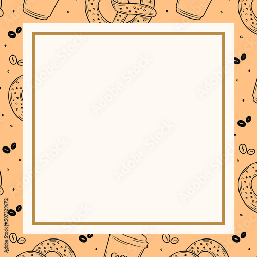 cartoon coffee frame background for bakery or pasrty vector for blank, price or social media mock up or bithday, wedding party invitation