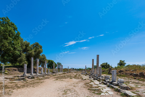 Side Ancient Ruins touristic site in the popular resort town of Side, near Antalya, Turkey. Ancient Greek and Roman style ruin. 