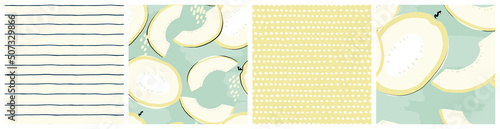 Fresh melon botanical seamless pattern set. Abstract modern graphic design with hand drawn simple food motifs for kitchen textile or product packaging in yellow, white and mint colors.
