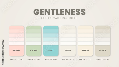 Gentleness color palettes or color schemes are trend combinations and palette guides this year, table color shades in RGB or HEX. A color swatch for a tropical summer fashion, home, or interior design