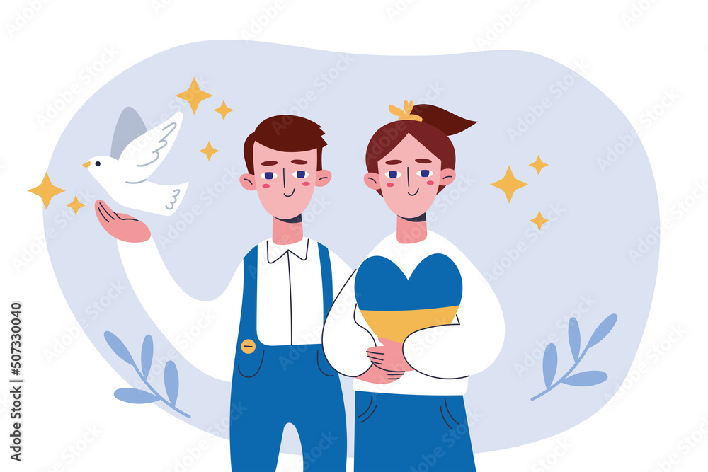 Happy children smile wearing Ukrainian flag blue and yellow flag in the shape of a heart. A dove of peace. The concept of peace in Ukraine. Vector illustration. Independence Day. Happy children smile wearing Ukrainian flag blue and yellow flag in the shape of a heart. A dove of peace. The concept of peace in Ukraine. Vector illustration. Independence Day.