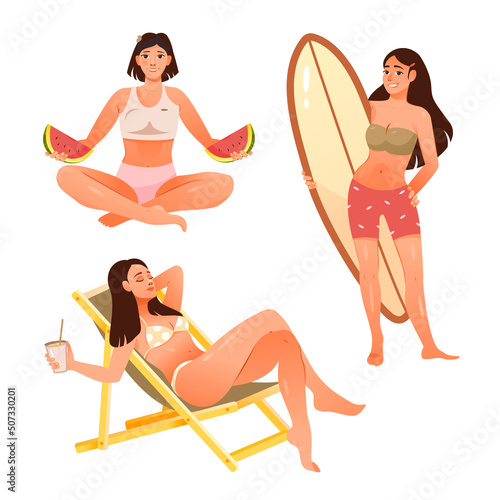 Young women in swimsuits. Girls are engaged in summer holidays, sunbathing, surfing, picnic on the beach. Cartoon vector illustration