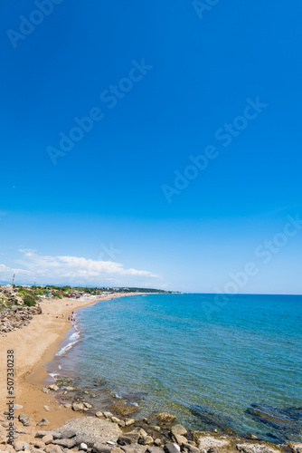 Side beach landscape view. Side is a popular tourist resort town near Antalya, Turkey by the Mediterranean sea. 