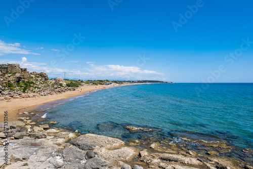Fototapeta Naklejka Na Ścianę i Meble -  Side beach landscape view. Side is a popular tourist resort town near Antalya, Turkey by the Mediterranean sea. 