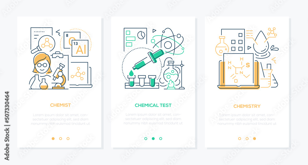 Chemistry and experiments - line design style banners set Chemistry and experiments - line design style banners set