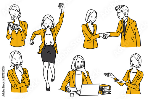 Cute character set of young businesswoman in various activities at work, holding fists in fighting expression, using smartphone, shaking hands, showing hands, tired with sleepy, thinking.