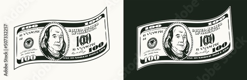 Wavy bent american 100 dollar banknote with front side. Falling, flying banknote. Cash money. Detailed black and white vector illustration