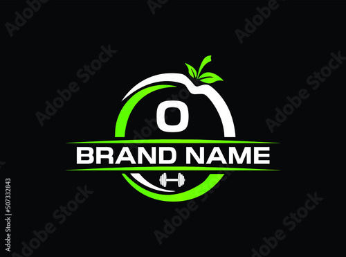 Sports nutrition logo template with letter O. green apple with dumbbell vector design. Fitness nutrition logo