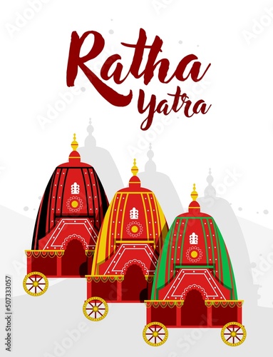 Ratha yatra festival A chariot with wooden deities of Jagannath, Baladeva and Subhadra. Holiday banner greeting card Vector illustration