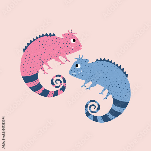 Adorable colorful chameleons hand drawn vector illustration. Isolated funny tropical lizard in flat style for kids logo or icon.