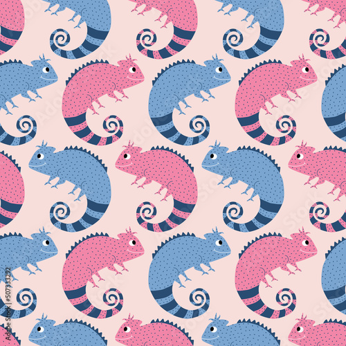Colorful chameleon hand drawn vector illustration. Funny tropical lizard in flat style. Seamless pattern for kids fabric.