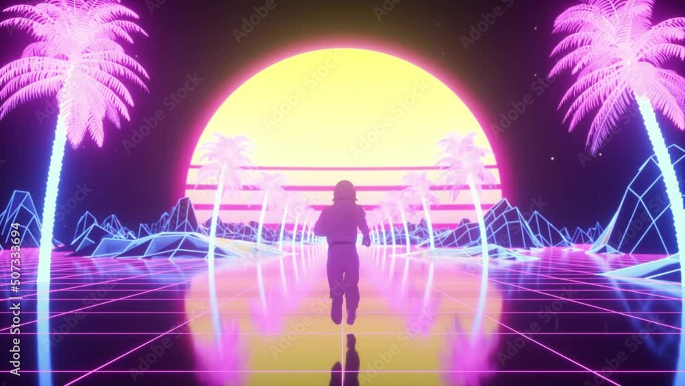 Vidéo Stock Astronaut runs surrounded by flashing neon lights. Retro