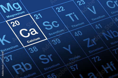 Calcium on periodic table of the elements. Alkaline earth metal, with symbol Ca and atomic number 20. As electrolytes, calcium ions play a vital role in the physiological and biochemical processes. photo