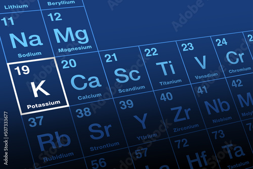 Potassium on periodic table of the elements. Alkali metal with symbol K from Neo-Latin kalium, and with atomic number 19. Essential for all living cells. Good sources are fresh fruits and vegetables.